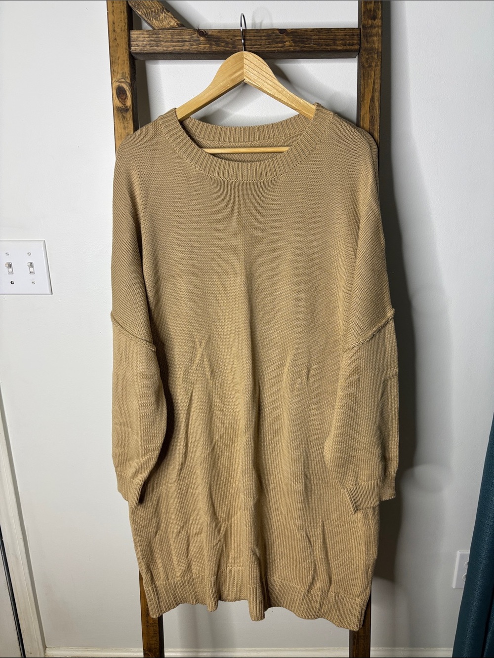 Cozy Oversized Midi Knit Dress in Tan Size M